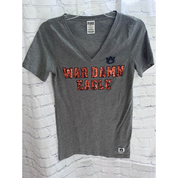 PINK Victoria's Secret‎ Auburn War Eagle V-Neck T-Shirt Top Gray S - Picture 1 of 4